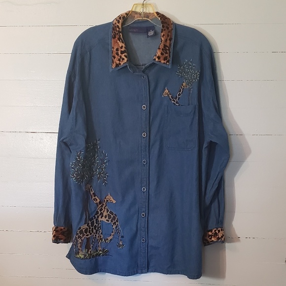 Faux Fur Denim Embroidered Button Down       0084 - Picture 1 of 7